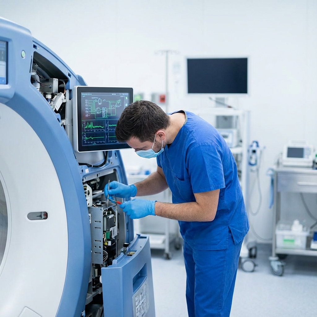 Serwisant naprawiający zaawansowaną aparaturę medyczną
